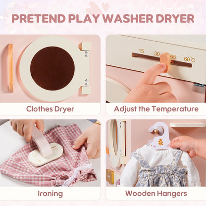 Pretend play washer dryer set with clothes dryer, temperature control, ironing board, and wooden hangers on a pink background.