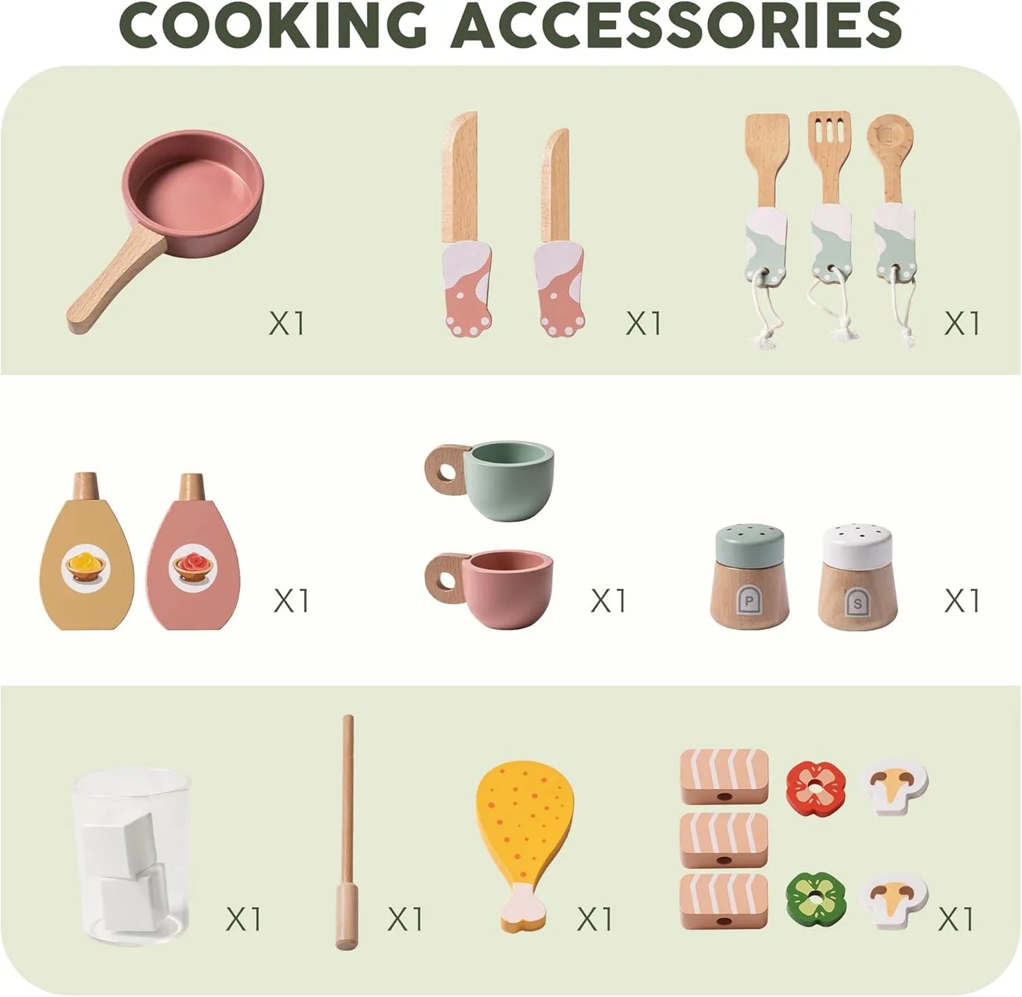 ROBUD - Set of cooking accessories including a pan, utensils, cups, bottles, and food items.