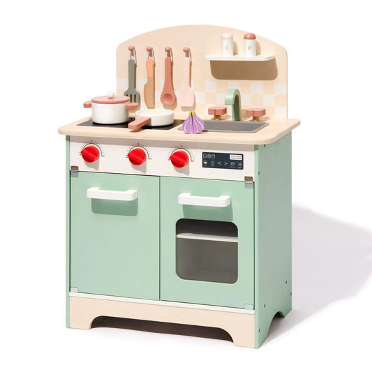 ROBUD - Wooded toy kitchen with toy wooden food and wooden utensils and pots and pans
