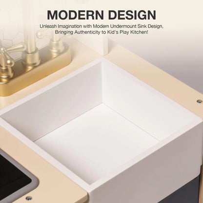 Modern undermount sink design in a kitchen setting with text highlighting its use in a child's play kitchen.