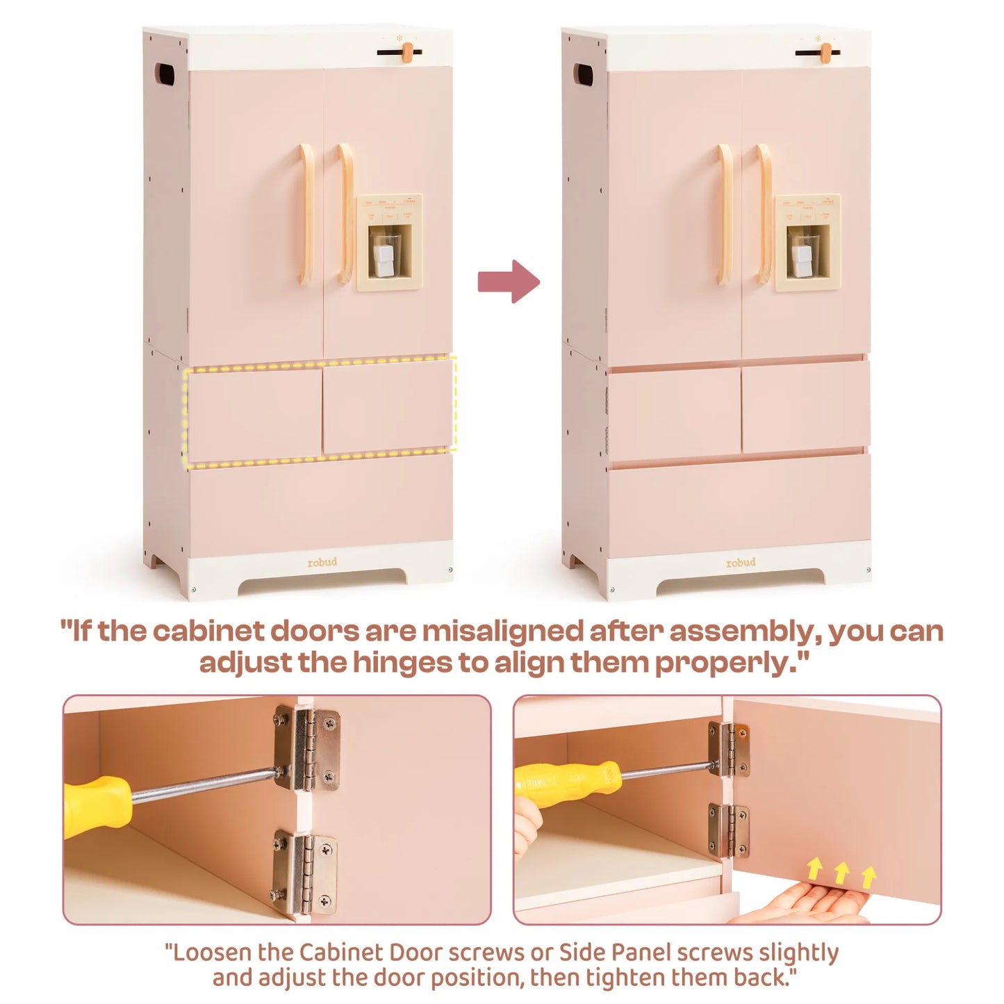 Wooden play refrigerator features and accessories 