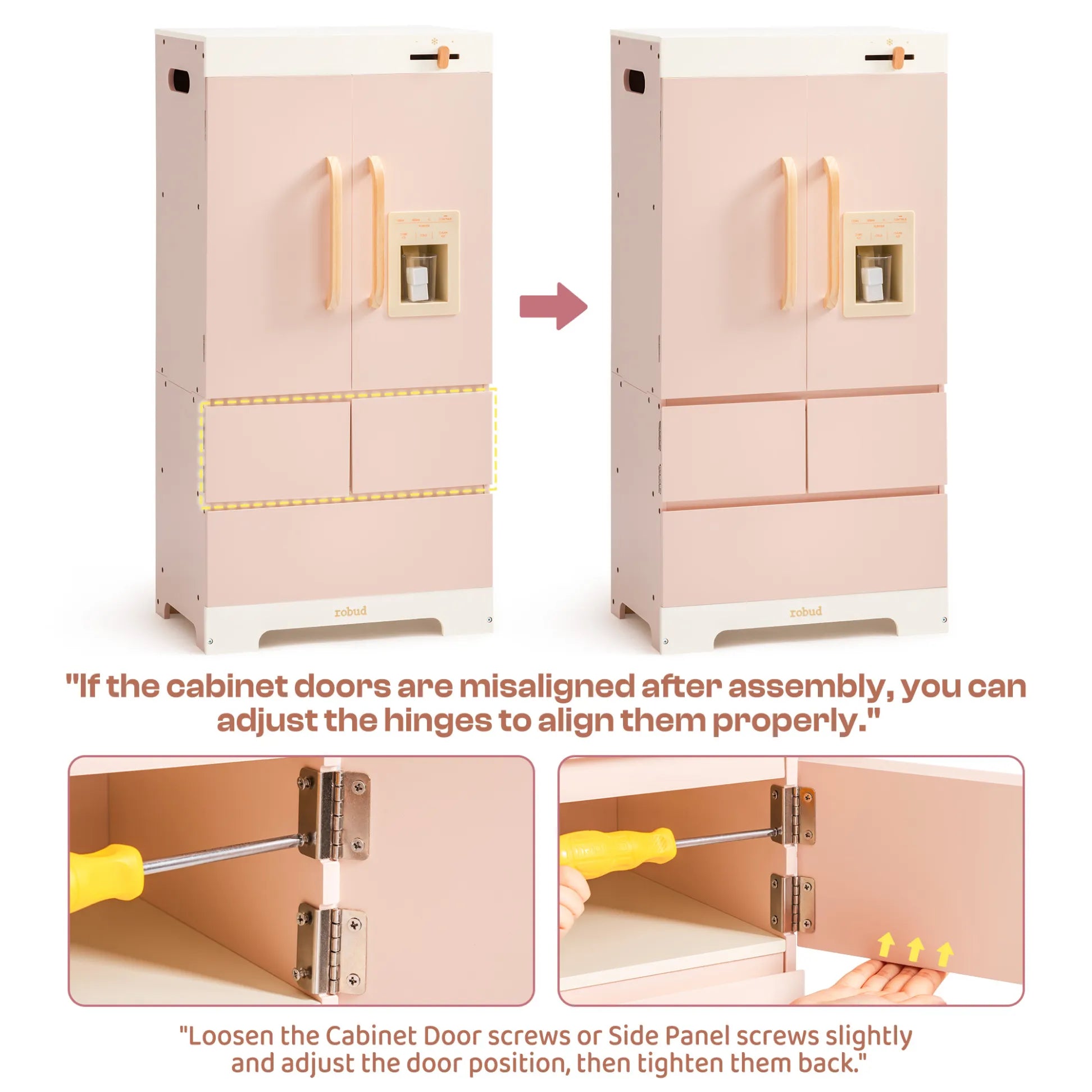 Wooden play refrigerator features and accessories 