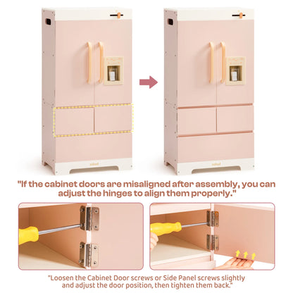 Wooden play refrigerator features and accessories 