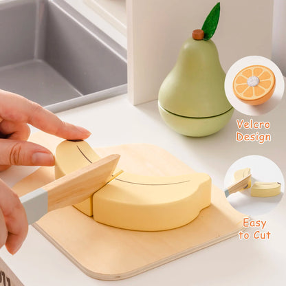 Montessori wooden play food set with safe knife for slicing 