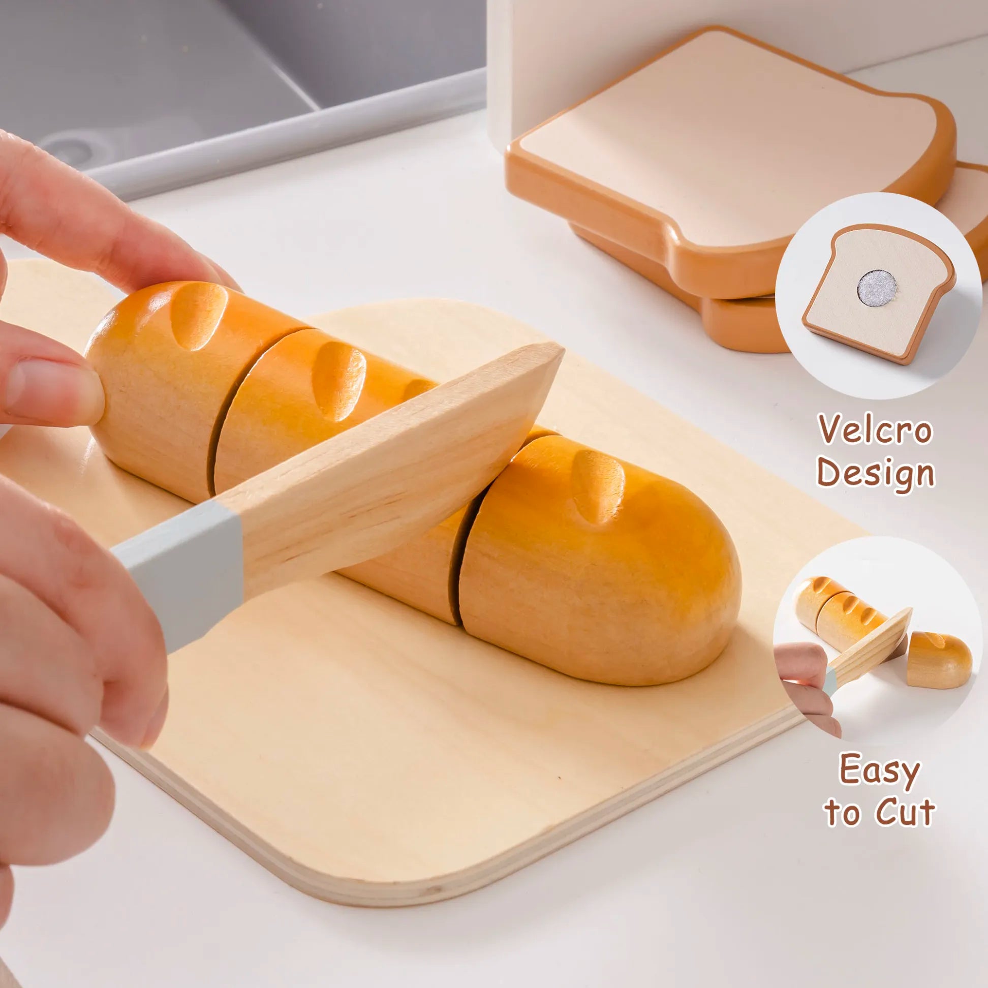 Wooden bread cutting board with a knife, showing a velcro design for easy cutting.