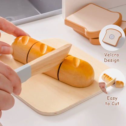 Wooden bread cutting board with a knife, showing a velcro design for easy cutting.