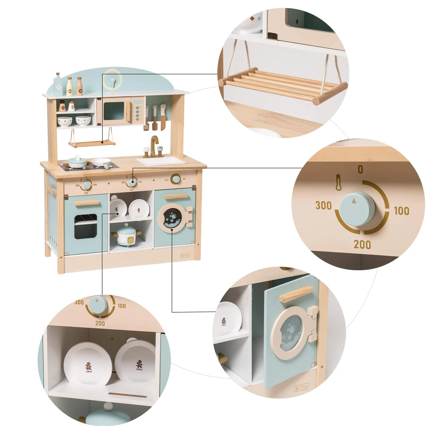 ROBUD pink wooden toy kitchen with accessories.  Tactile features. 