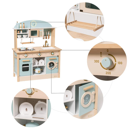 ROBUD pink wooden toy kitchen with accessories.  Tactile features. 