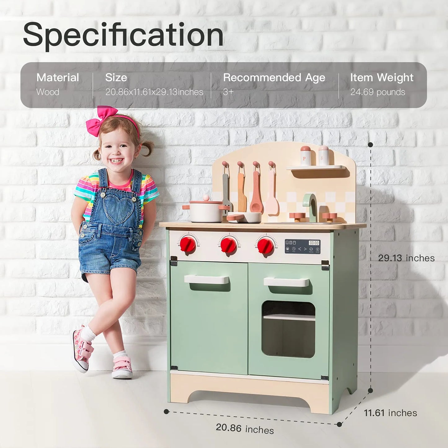ROBUD - Wooded toy kitchen with toy wooden food and wooden utensils and pots and pans