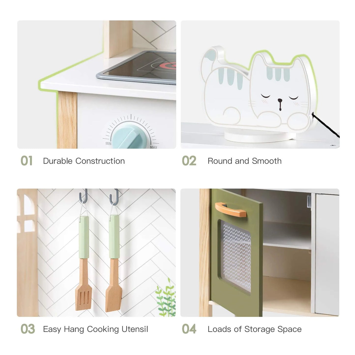 Collage of kitchen items with text highlighting features like durability, smoothness, hanging utensils, and storage space.