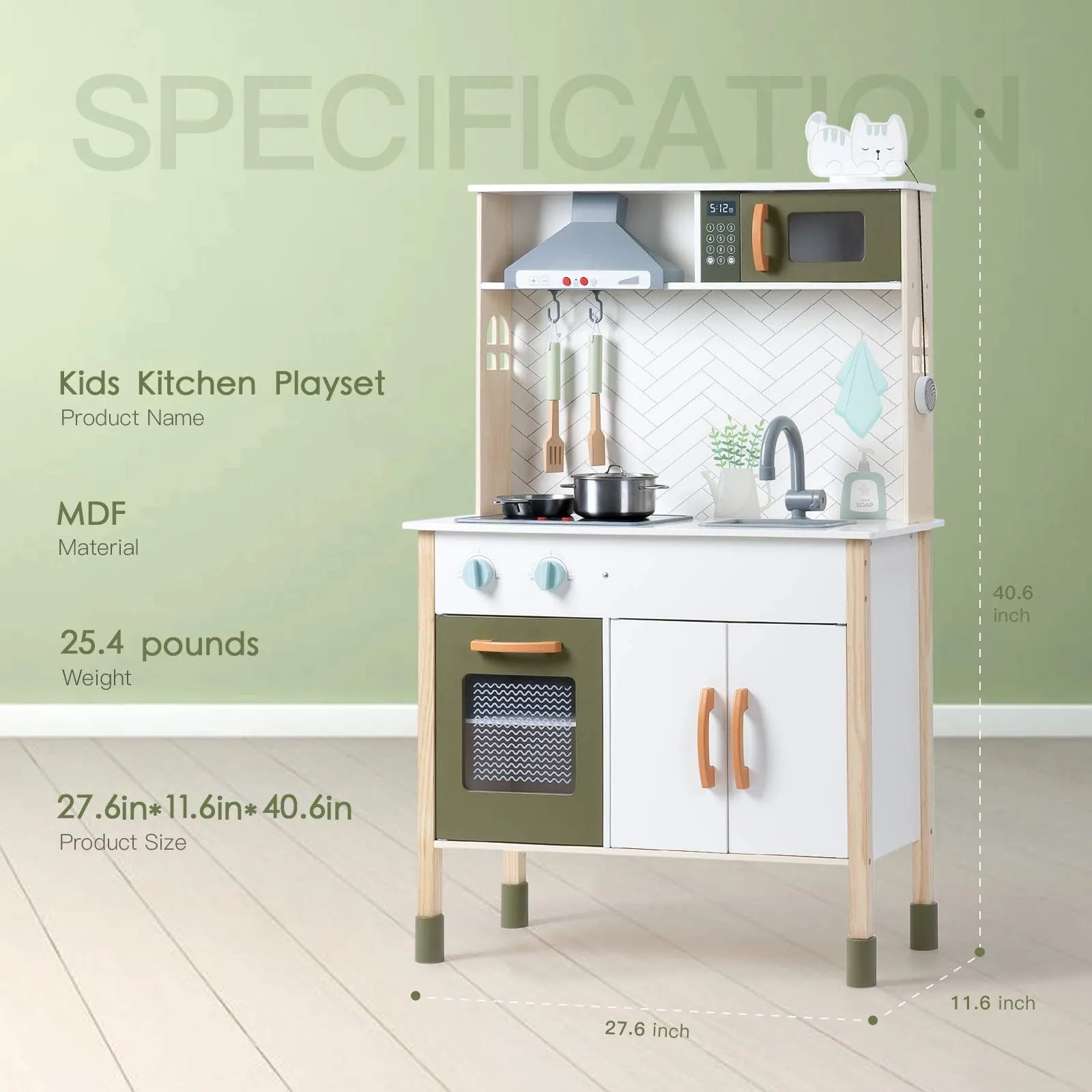 Children's kitchen playset with dimensions and material details on a green background