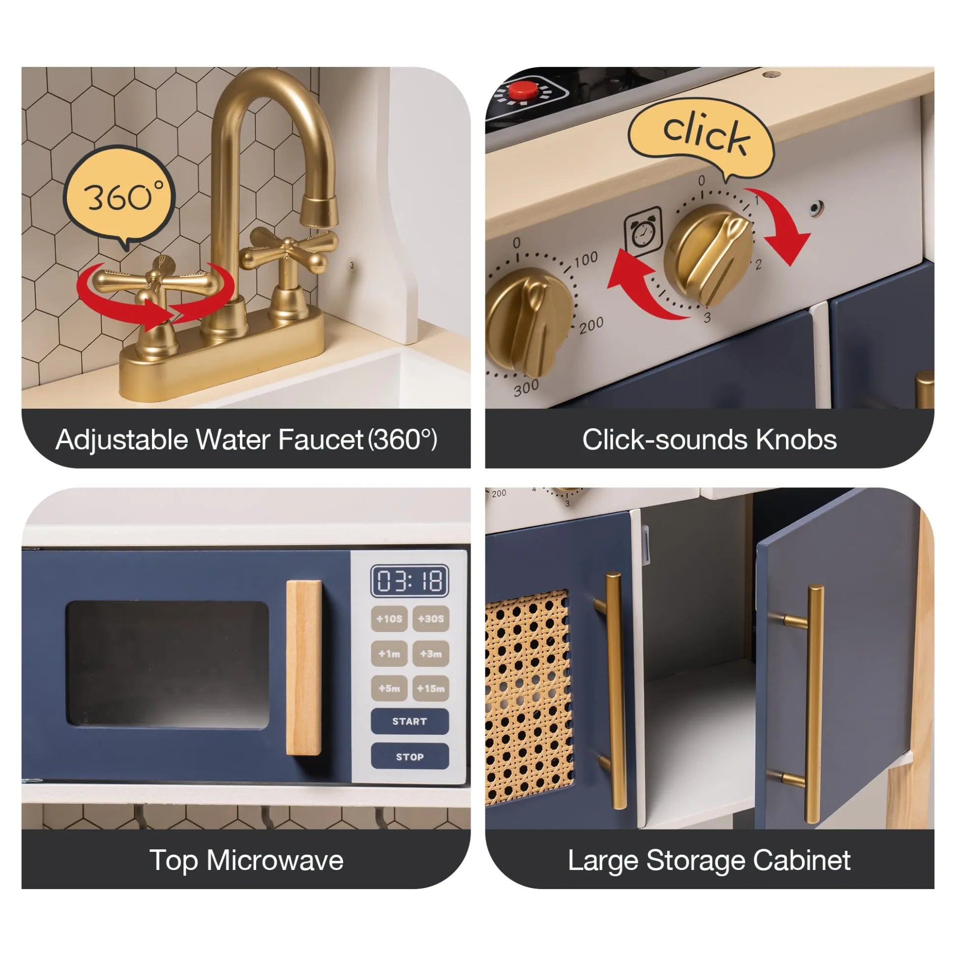 Play kitchen set with adjustable faucet, click-sounds knobs, microwave, and storage cabinet.