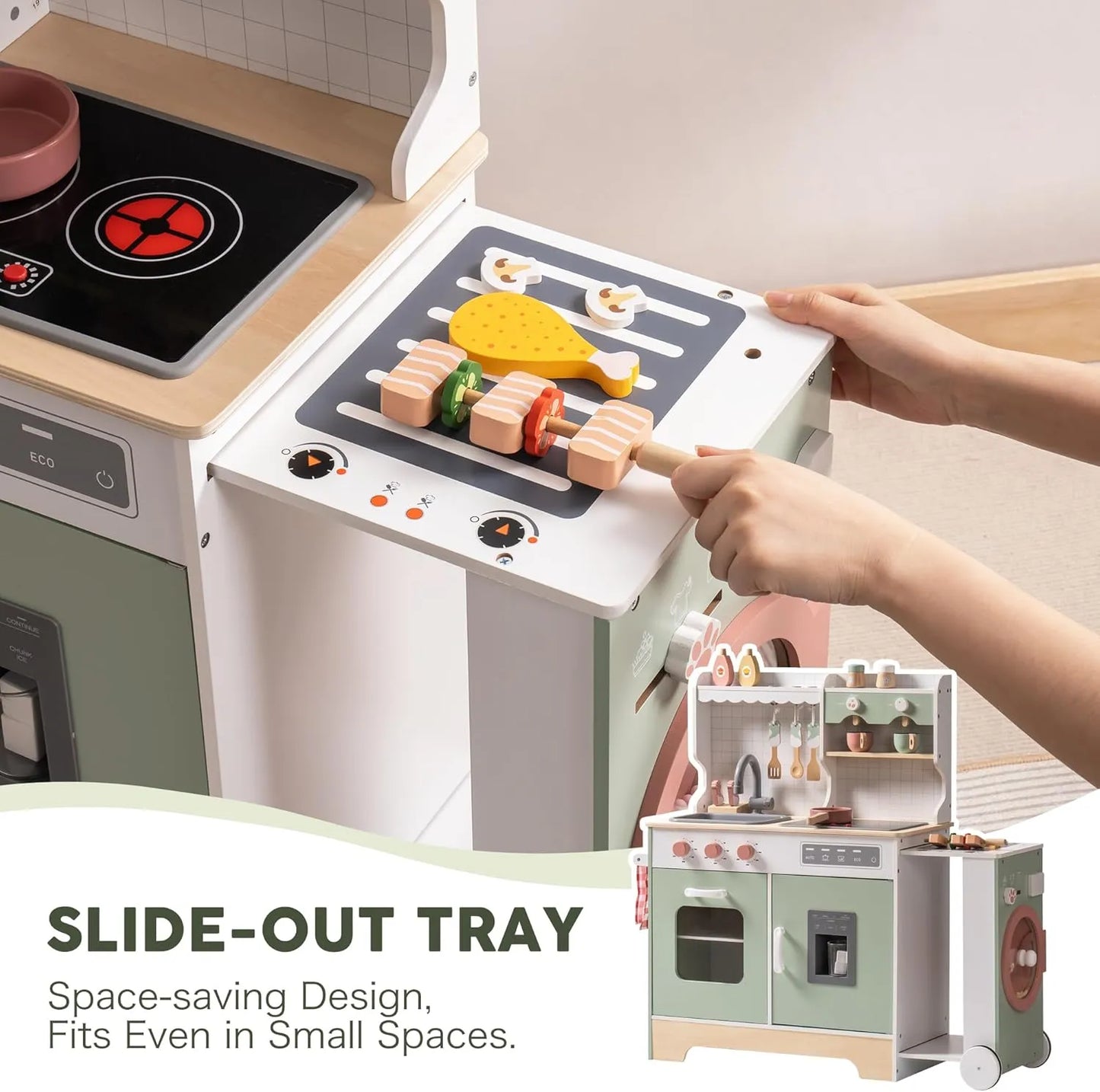Children's toy kitchen set with slide-out grill tray feature perfect for small spaces.  