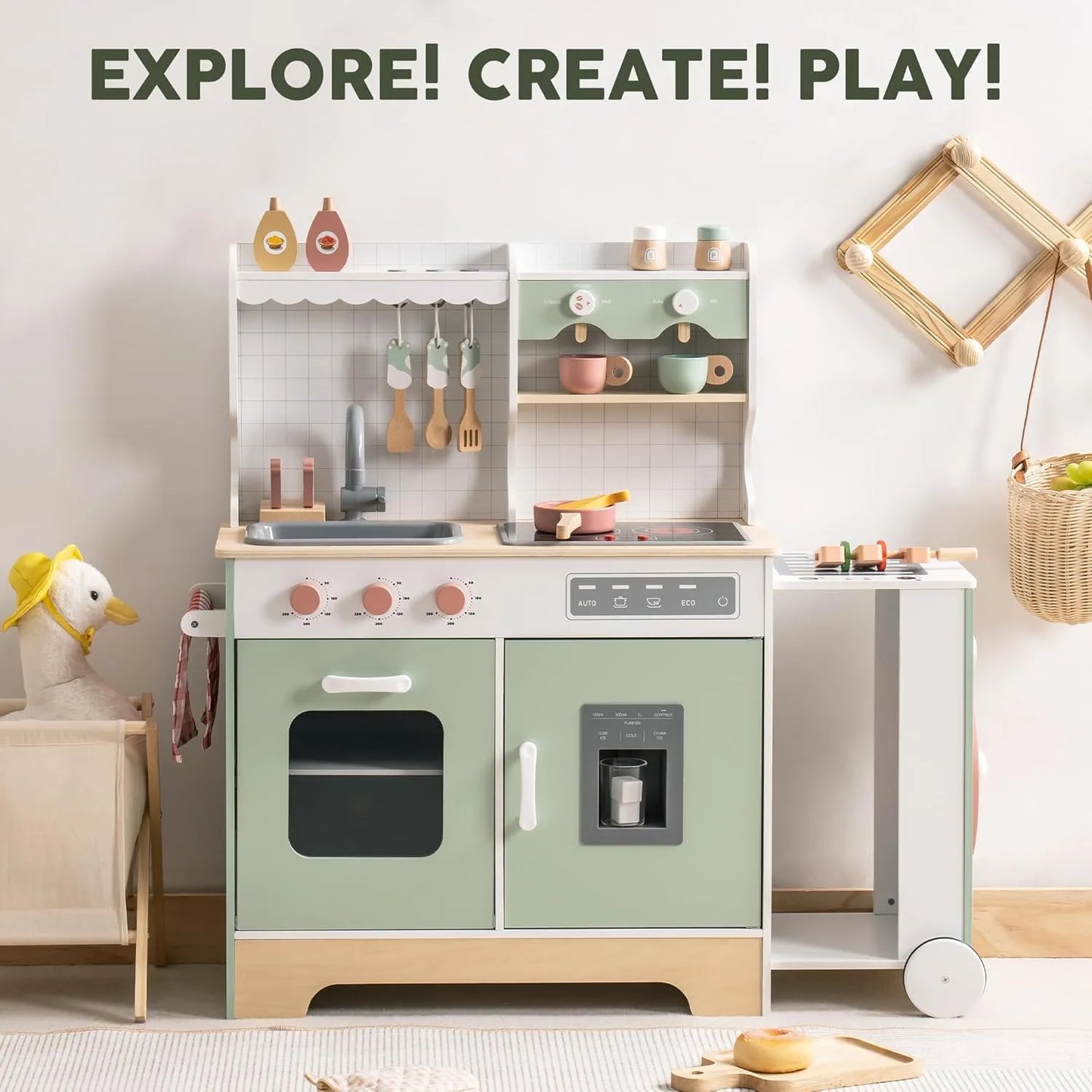 ROBUD - Wooden play kitchen with expandable grill section and dishwasher.  Explore, create, play.