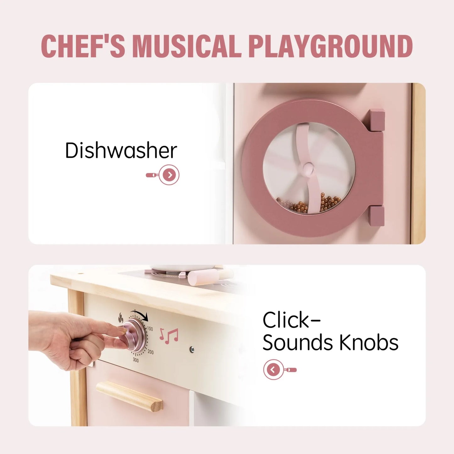 ROBUD pink wooden toy kitchen with accessories