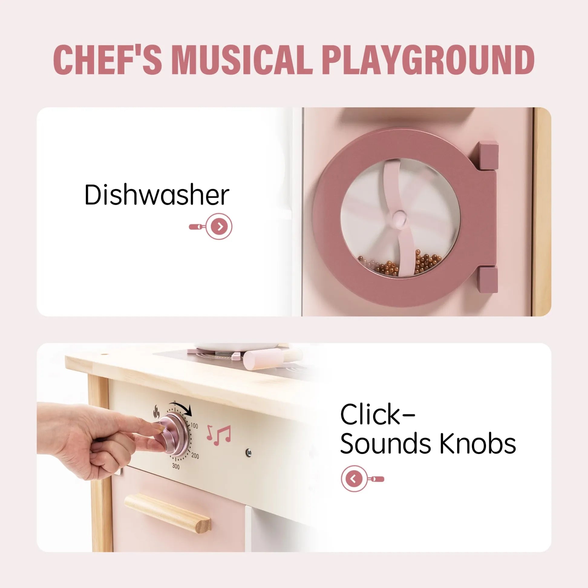 ROBUD pink wooden toy kitchen with accessories