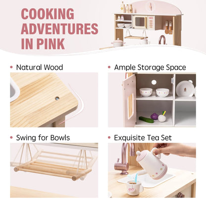 Children's play kitchen set with pink accents and wooden elements, featuring text highlighting features like natural wood, storage space, and tea set.