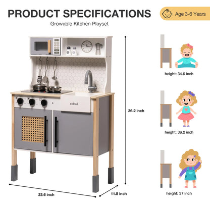 Growable kitchen playset with dimensions and cartoon figures indicating height.