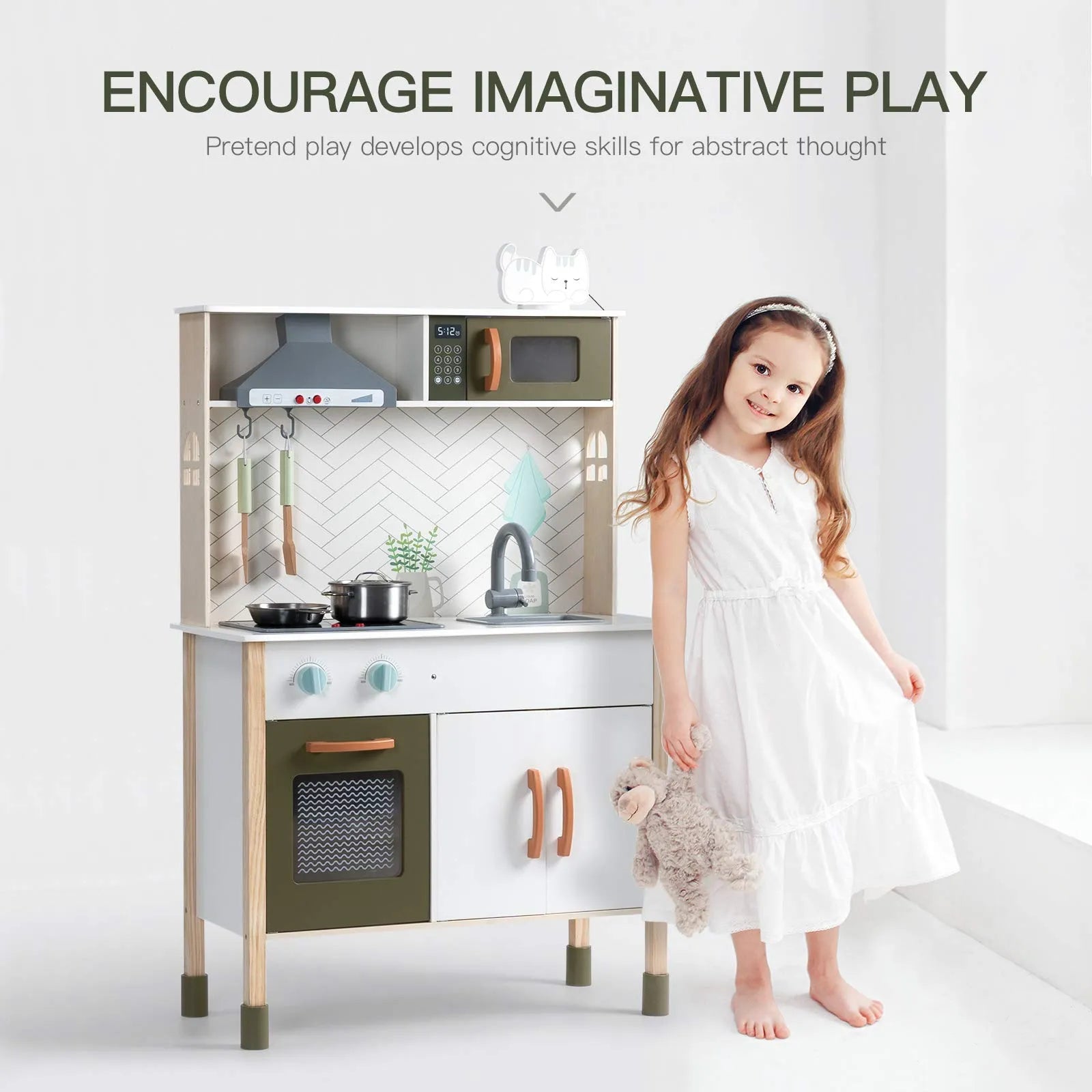 Children's play kitchen set with a child standing next to it, promoting imaginative play.