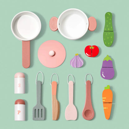 Wooden accessories - wooden food, salt pepper, utensils, pot and pan
