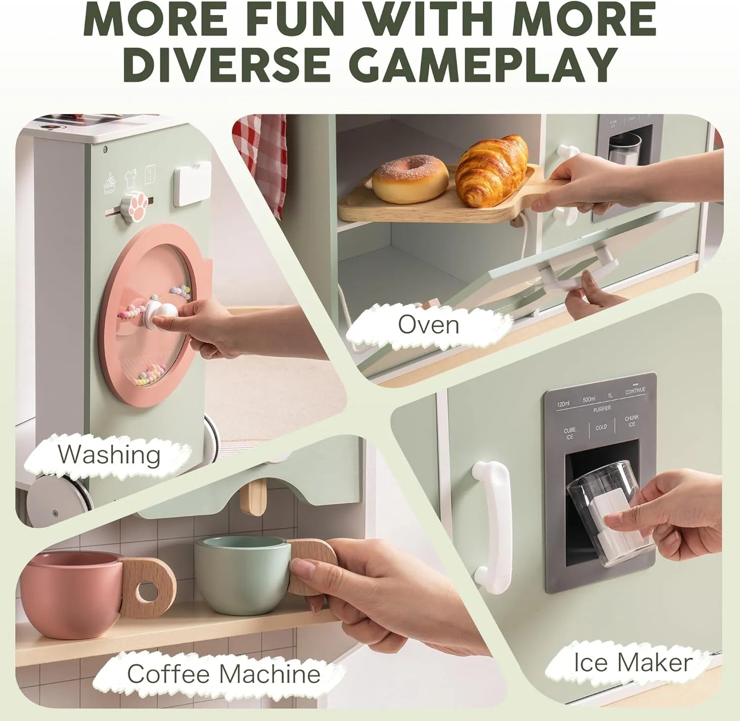 ROBUD wooden play kitchen - Collage of kitchen playset features including rounded edges, smooth surfaces, cute design, and interactive knobs.