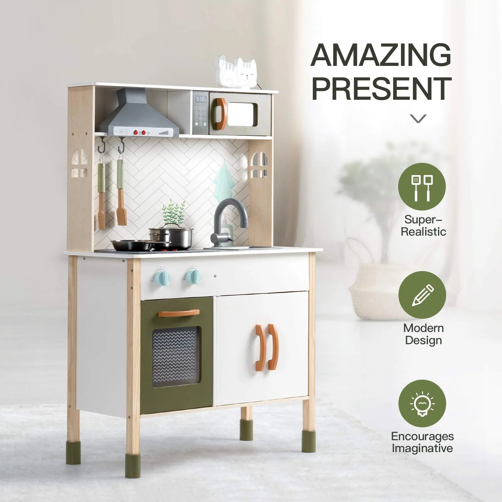 Children's play kitchen set with modern design and toy utensils on a light background.