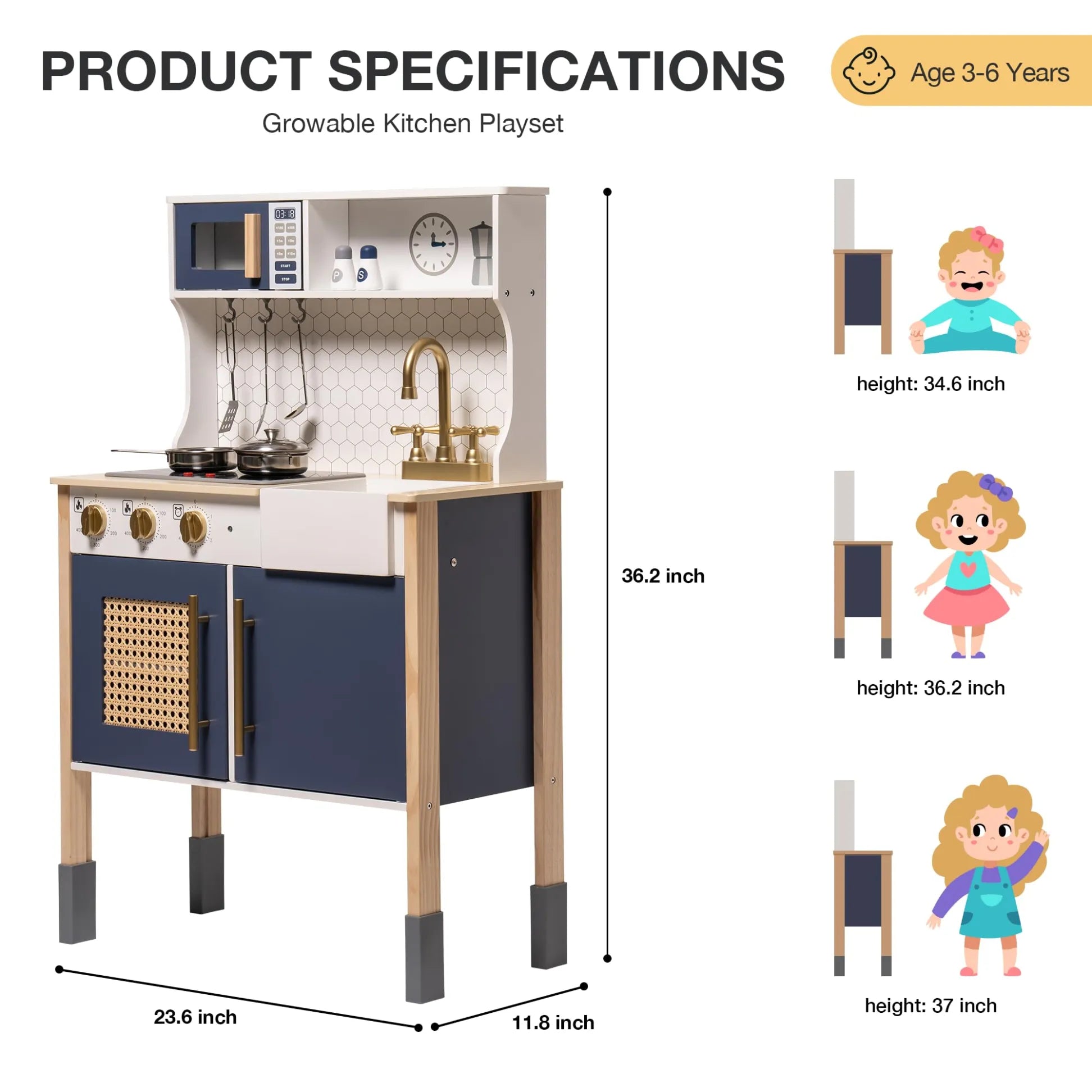 Growable kitchen playset with dimensions and cartoon characters indicating height.