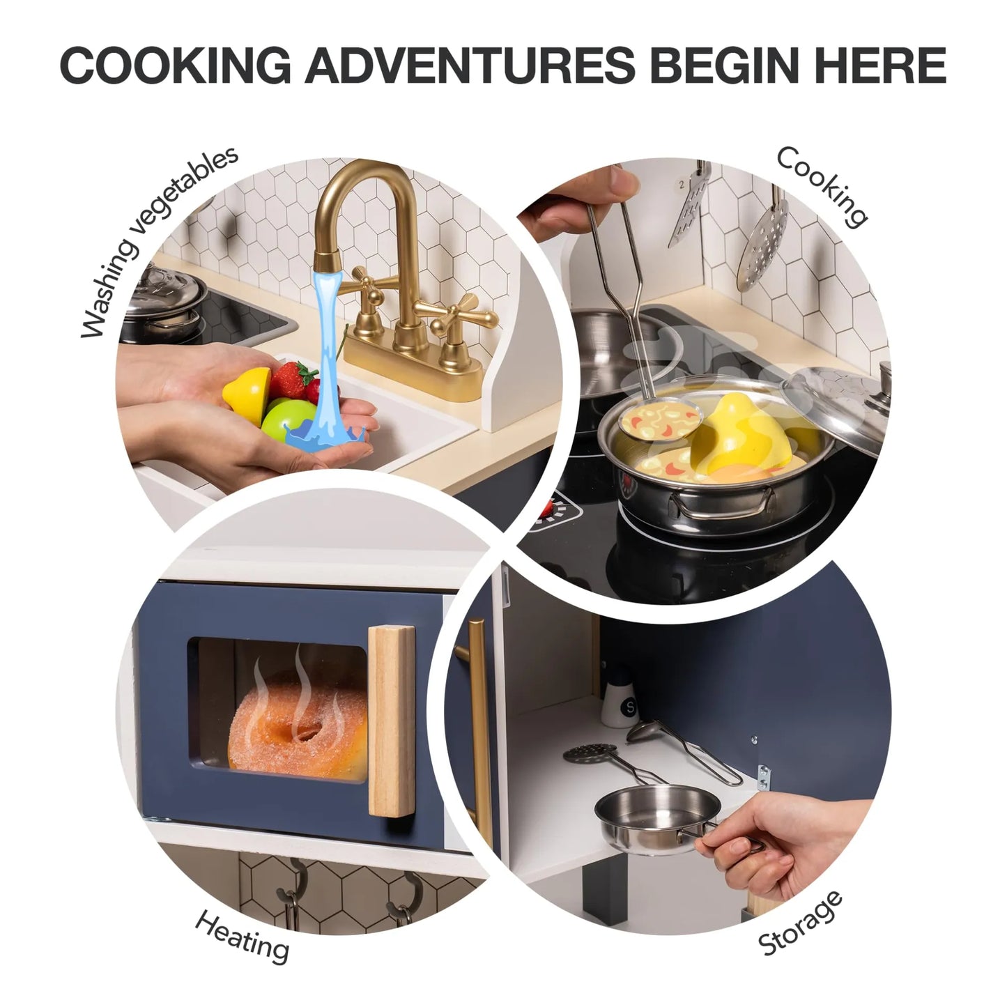 Collage of kitchen activities with text 'Cooking Adventures Begin Here' at the top.