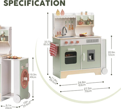 ROBUD - Wooden play kitchen with expandable grill section and dishwasher.  With dimensions. 