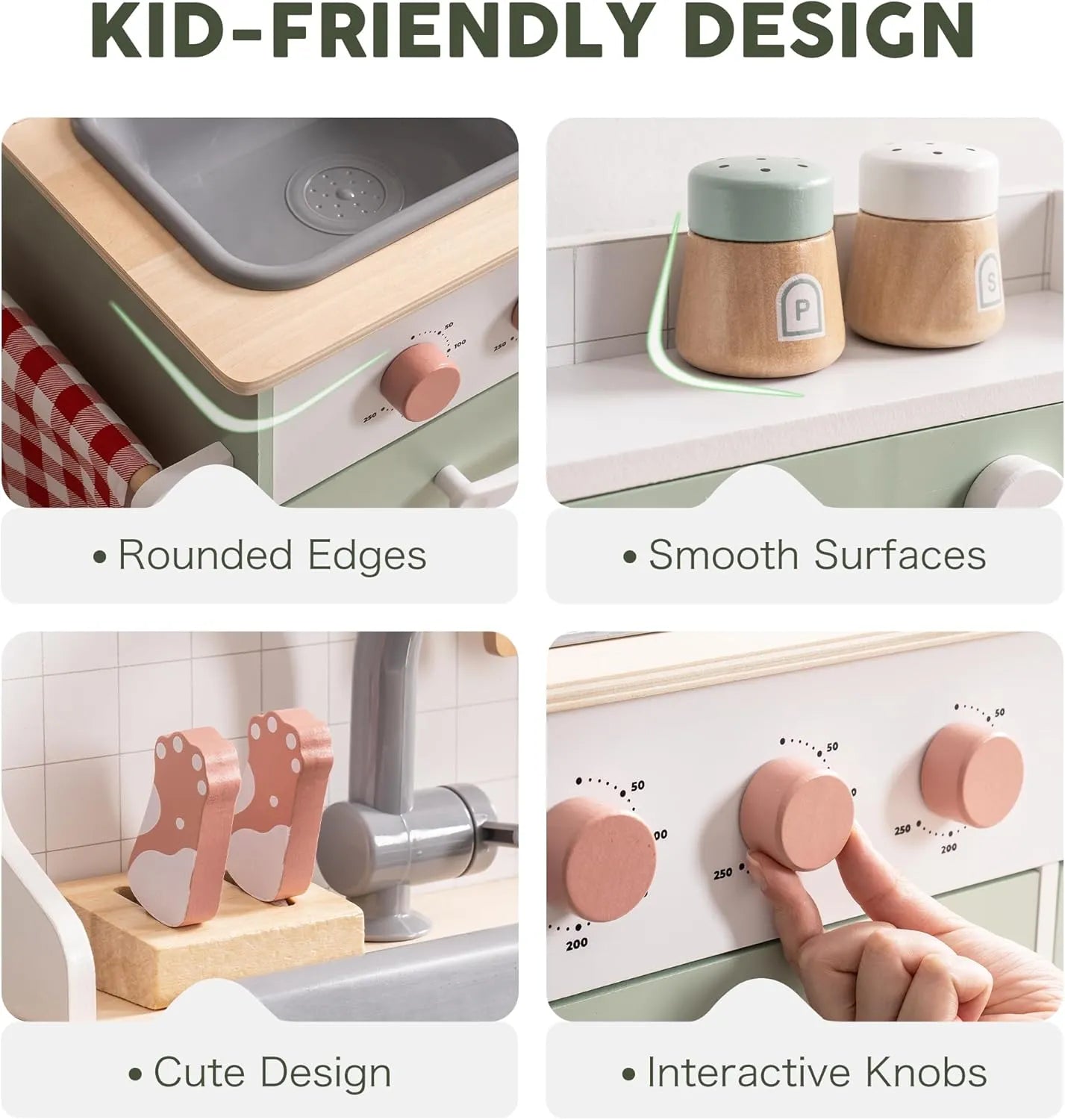 ROBUD wooden play kitchen - Collage of kitchen playset features including rounded edges, smooth surfaces, cute design, and interactive knobs.