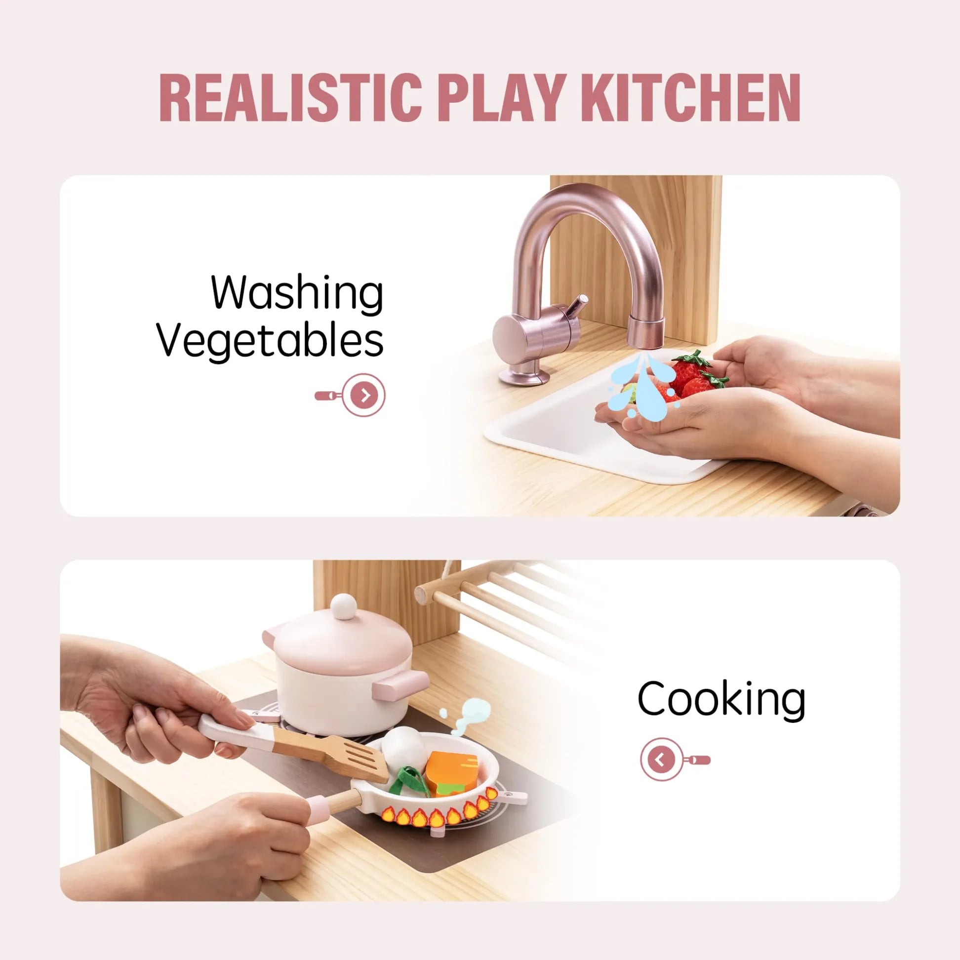 Realistic play kitchen set with washing vegetables and cooking activities on a pink background.