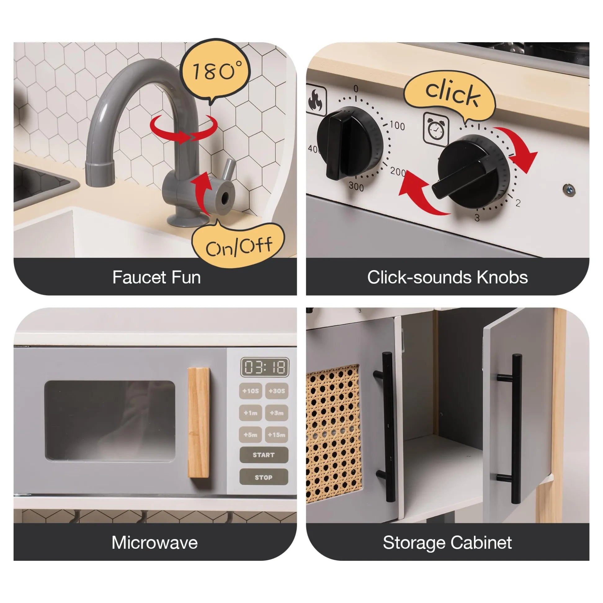Set of toy kitchen appliances with interactive features on a white background