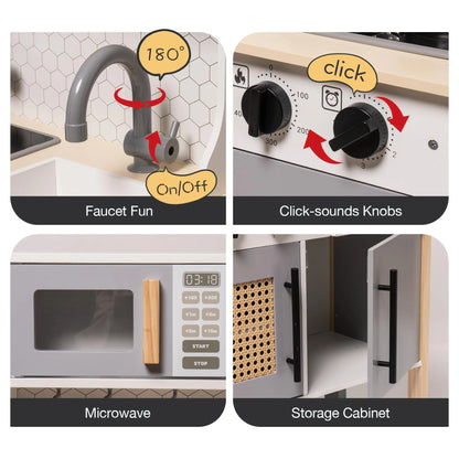 Set of toy kitchen appliances with interactive features on a white background
