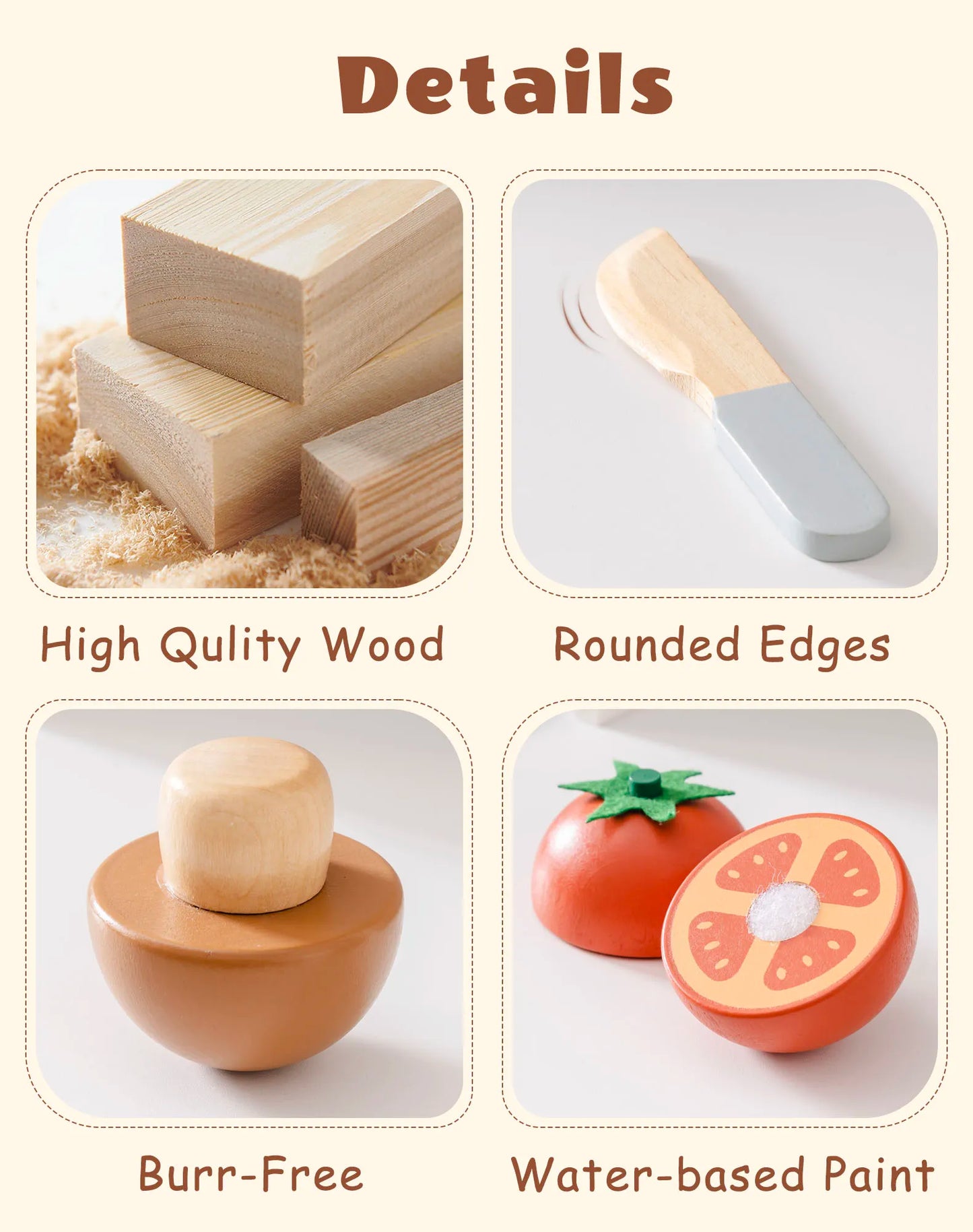 Wooden toys with high-quality wood, rounded edges, burr-free finish, and water-based paint .