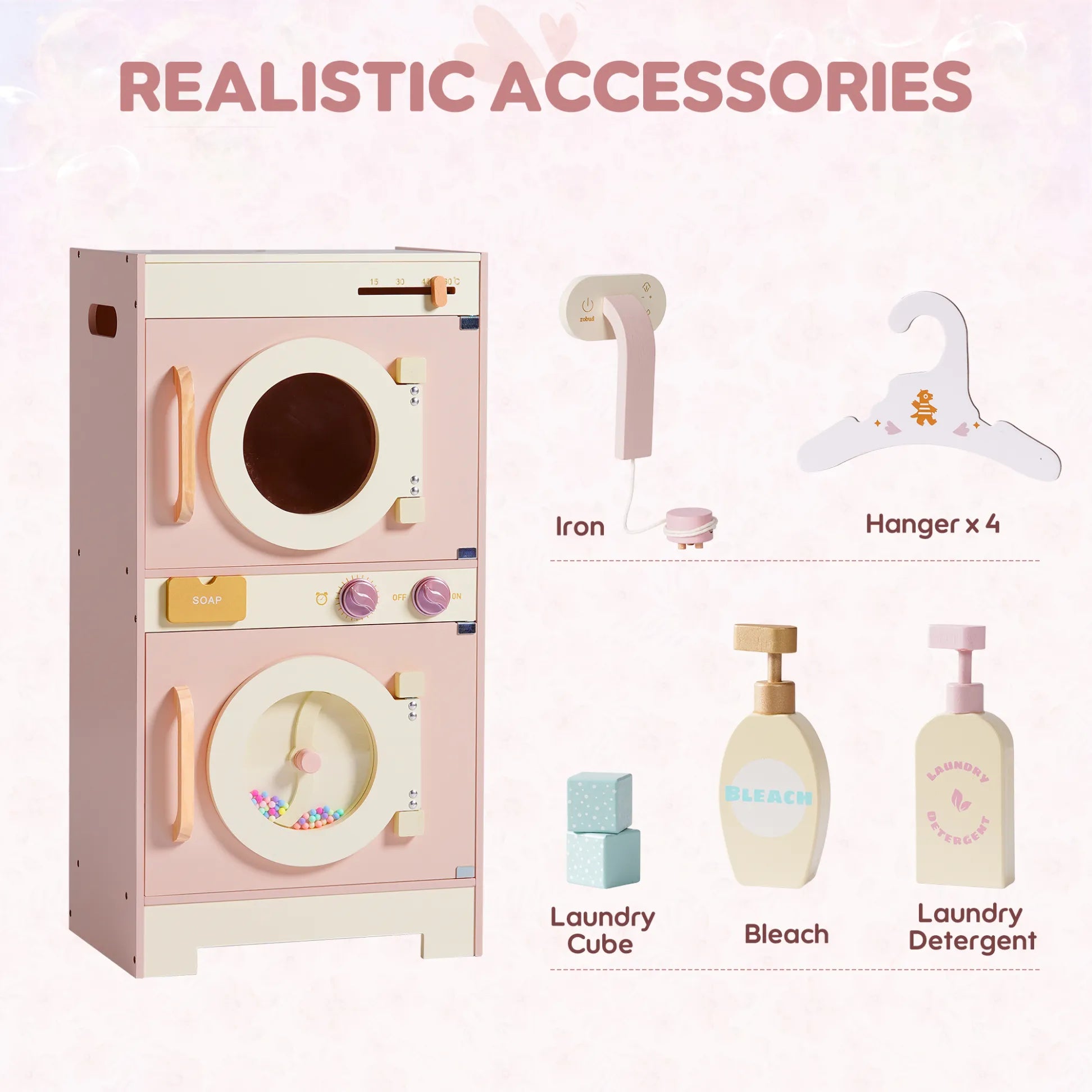 Toy laundry set with washing machine, iron, hangers, laundry cube, bleach, and detergent on a white background.