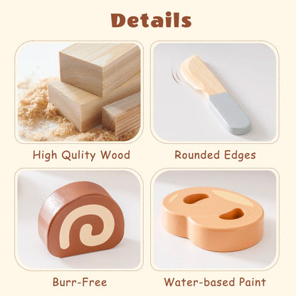 ROBUD Wooden Play Food Set. Includes realistic sliceable desserts, a safe wooden knife, and a storage bag.