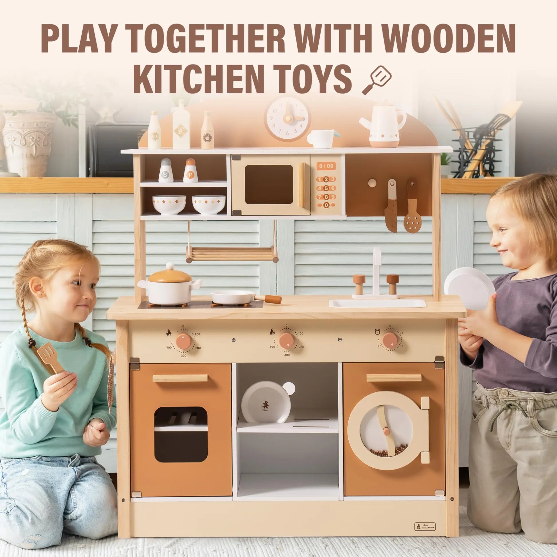 Two children playing with a wooden kitchen toy set in a home setting.