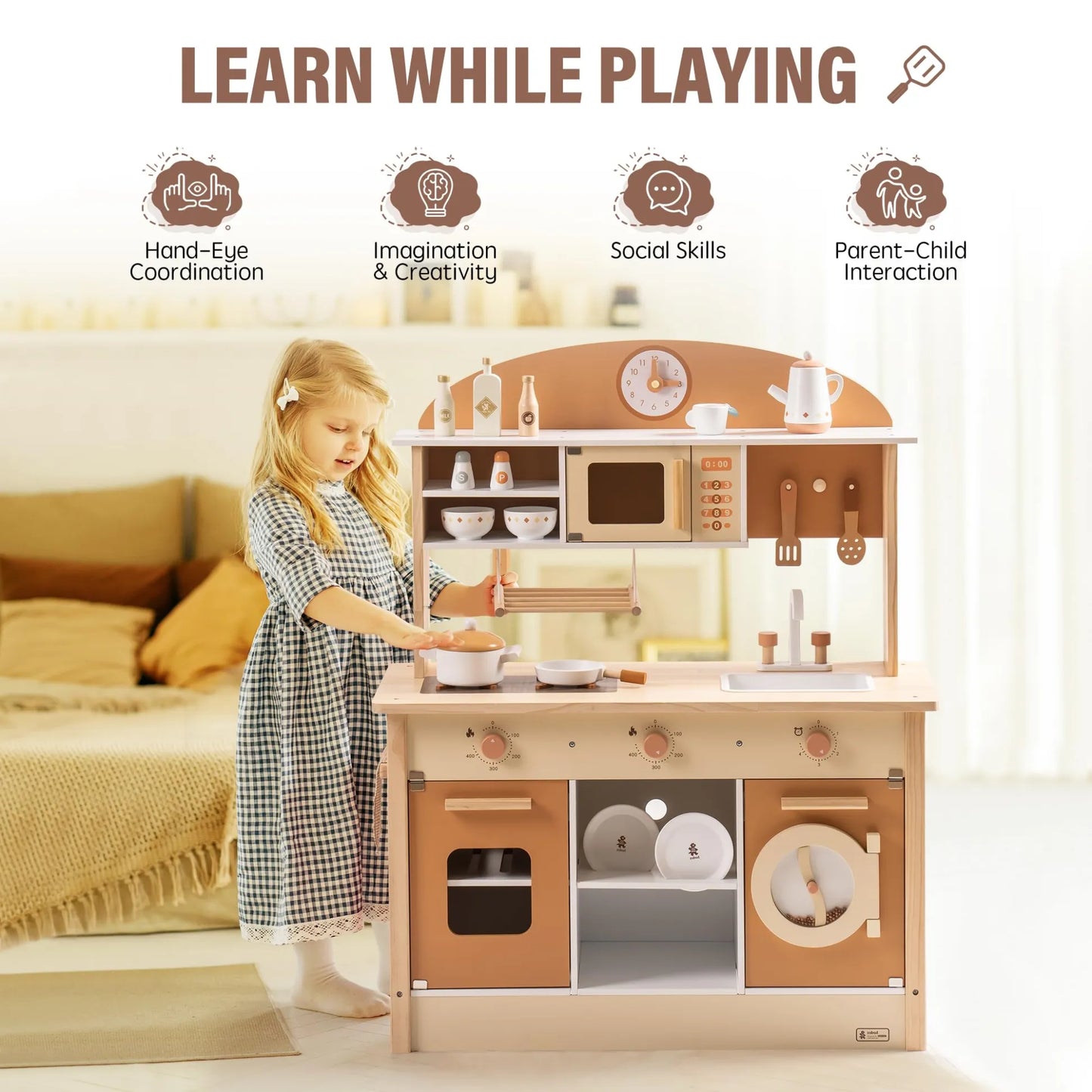 Child playing with a wooden kitchen set in a living room, with text indicating learning benefits.