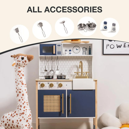 Play kitchen set with accessories and a giraffe toy on a light background