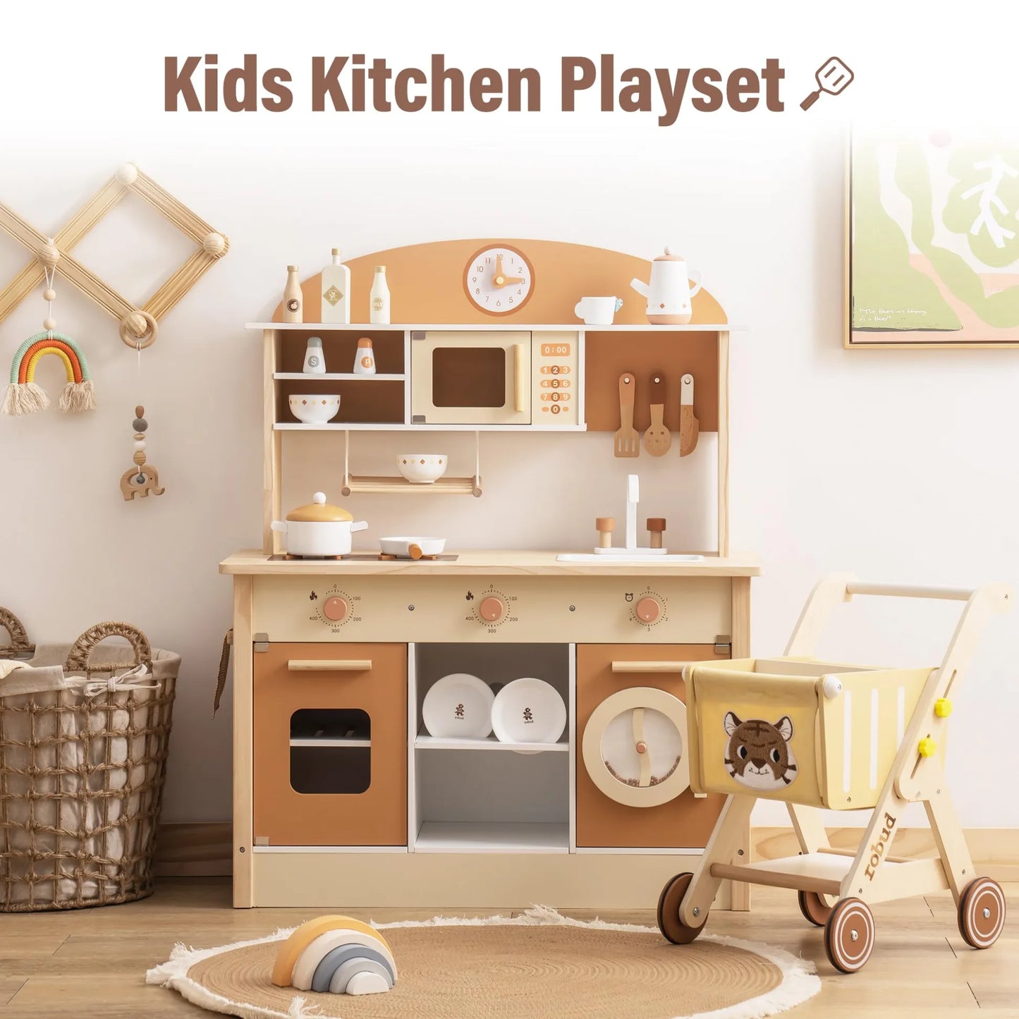 Children's kitchen playset with toy stove, oven, and accessories in a room setting.