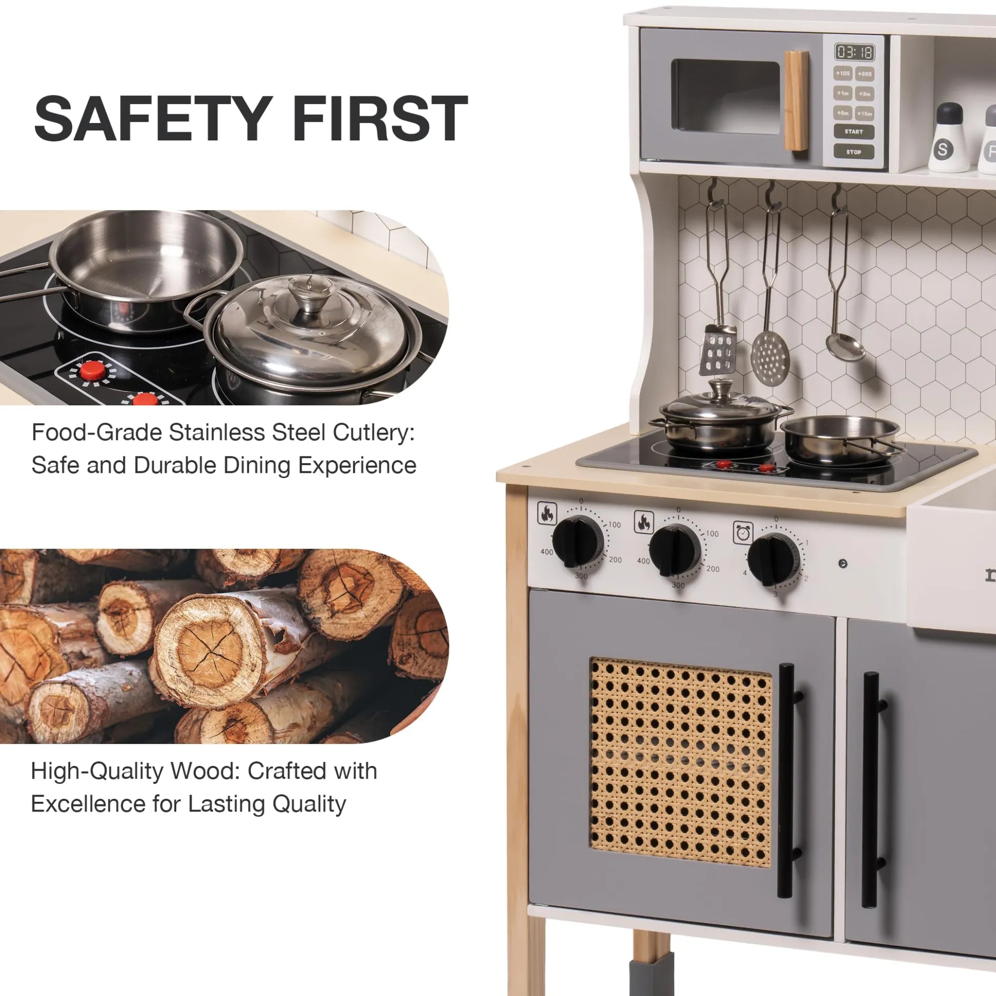 Children's play kitchen set with safety features highlighted.