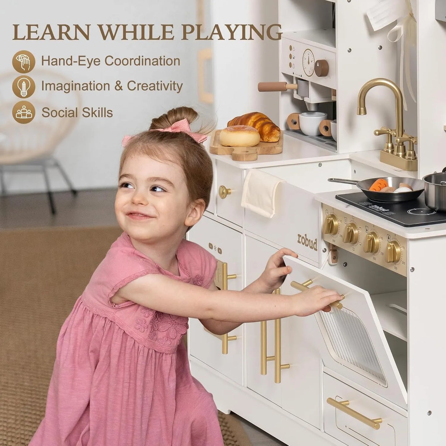 ROBUD - luxury playset wooden toy kitchen with white and gold accents.  Playhouse coffee machine, stove, sink and faucet, microwave, oven, ice maker and drawers.