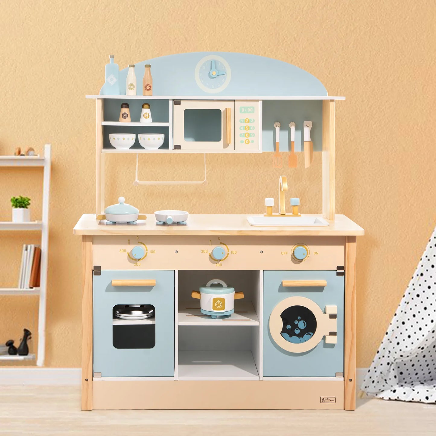 ROBUD pink wooden toy kitchen with accessories