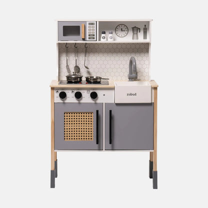 Children's play kitchen set with gray and wooden design on a white background