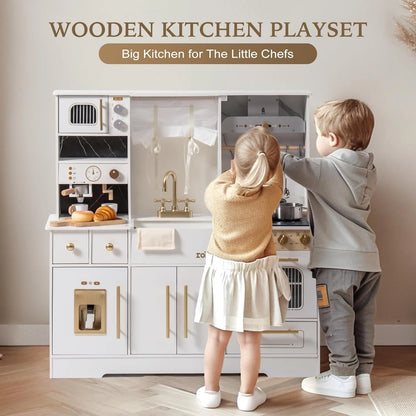 ROBUD - luxury playset wooden toy kitchen with white and gold accents.  Playhouse coffee machine, stove, sink and faucet, microwave, oven, ice maker and drawers.