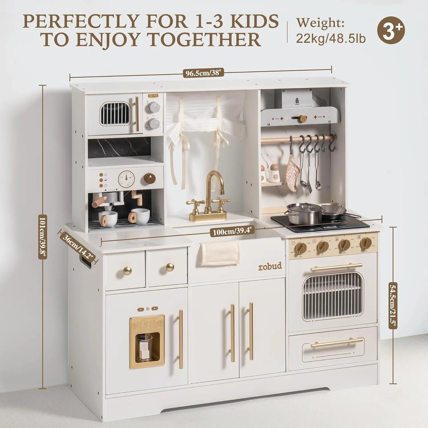 ROBUD - luxury playset wooden toy kitchen with white and gold accents.  Playhouse coffee machine, stove, sink and faucet, microwave, oven, ice maker and drawers.
