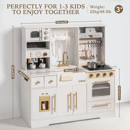 ROBUD - luxury playset wooden toy kitchen with white and gold accents.  Playhouse coffee machine, stove, sink and faucet, microwave, oven, ice maker and drawers.