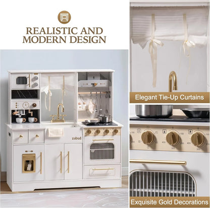 ROBUD - luxury playset wooden toy kitchen with white and gold accents.  Playhouse coffee machine, stove, sink and faucet, microwave, oven, ice maker and drawers.