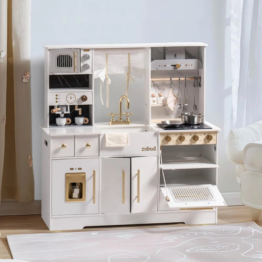 ROBUD - luxury playset wooden toy kitchen with white and gold accents.  Playhouse coffee machine, stove, sink, microwave, oven, ice maker.