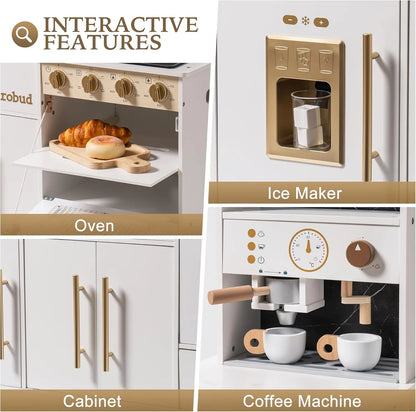 ROBUD - luxury playset wooden toy kitchen with white and gold accents.  Playhouse coffee machine, stove, sink and faucet, microwave, oven, ice maker and drawers.